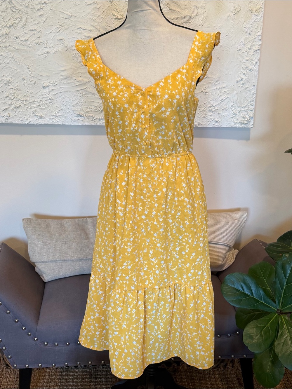 BB Dakota Steve Madden Women's Yellow Midi Tiered Sleeveless Dress Sz XS NWT